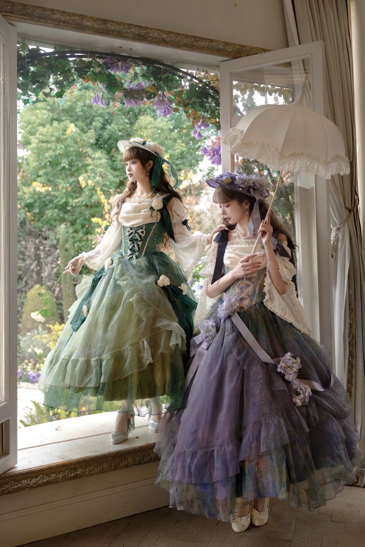 Wild Roses of Arles Purple Green Oil Painting Print Cowl Neck Tail JSK Classic Lolita Dress - LolitaEra