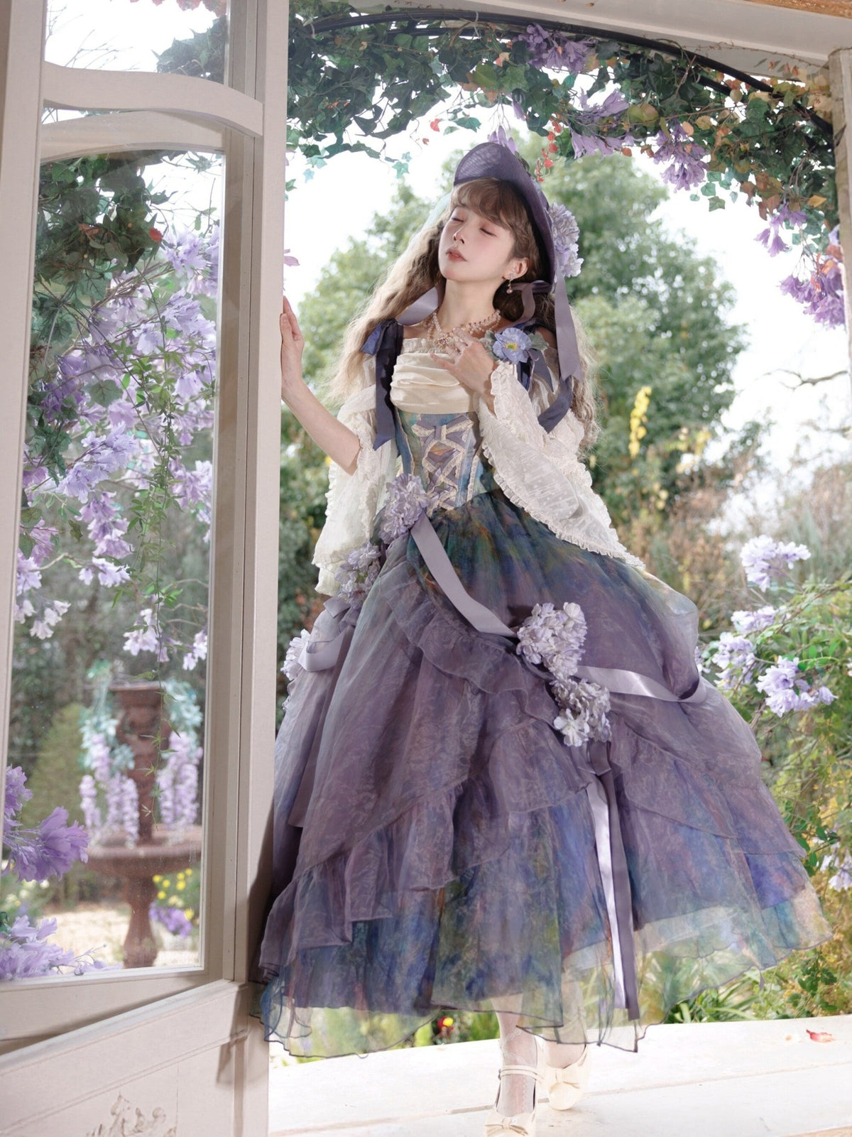 Wild Roses of Arles Purple Green Oil Painting Print Cowl Neck Tail JSK Classic Lolita Dress - LolitaEra