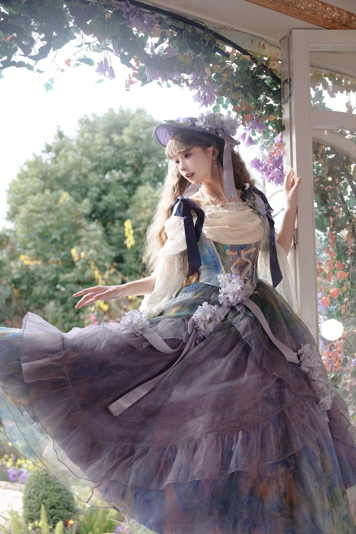Wild Roses of Arles Purple Green Oil Painting Print Cowl Neck Tail JSK Classic Lolita Dress - LolitaEra