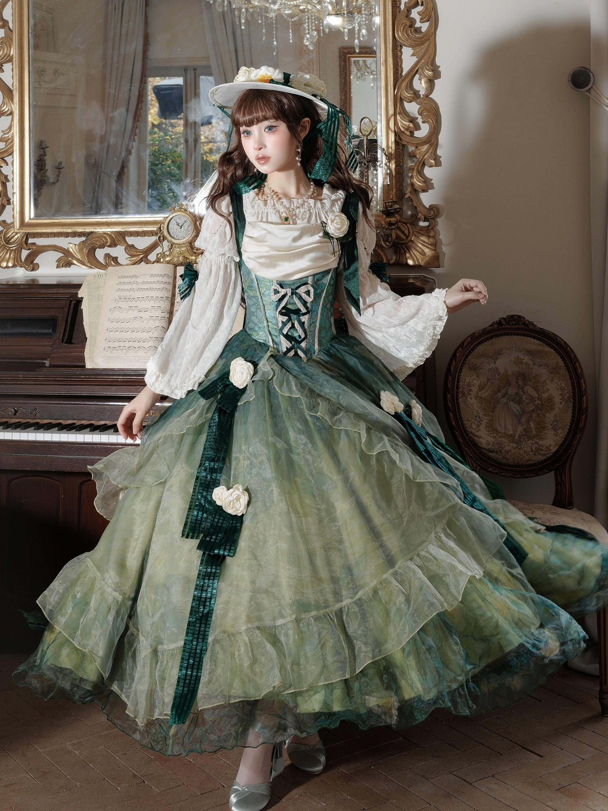 Wild Roses of Arles Purple Green Oil Painting Print Cowl Neck Tail JSK Classic Lolita Dress - LolitaEra