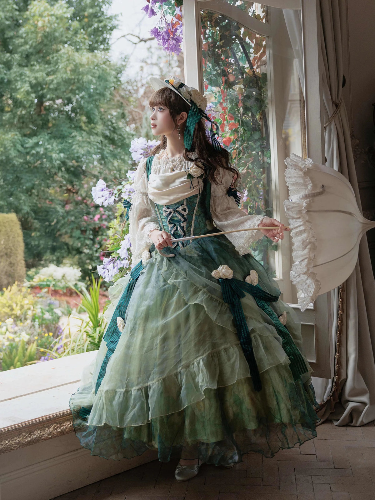 Wild Roses of Arles Purple Green Oil Painting Print Cowl Neck Tail JSK Classic Lolita Dress - LolitaEra