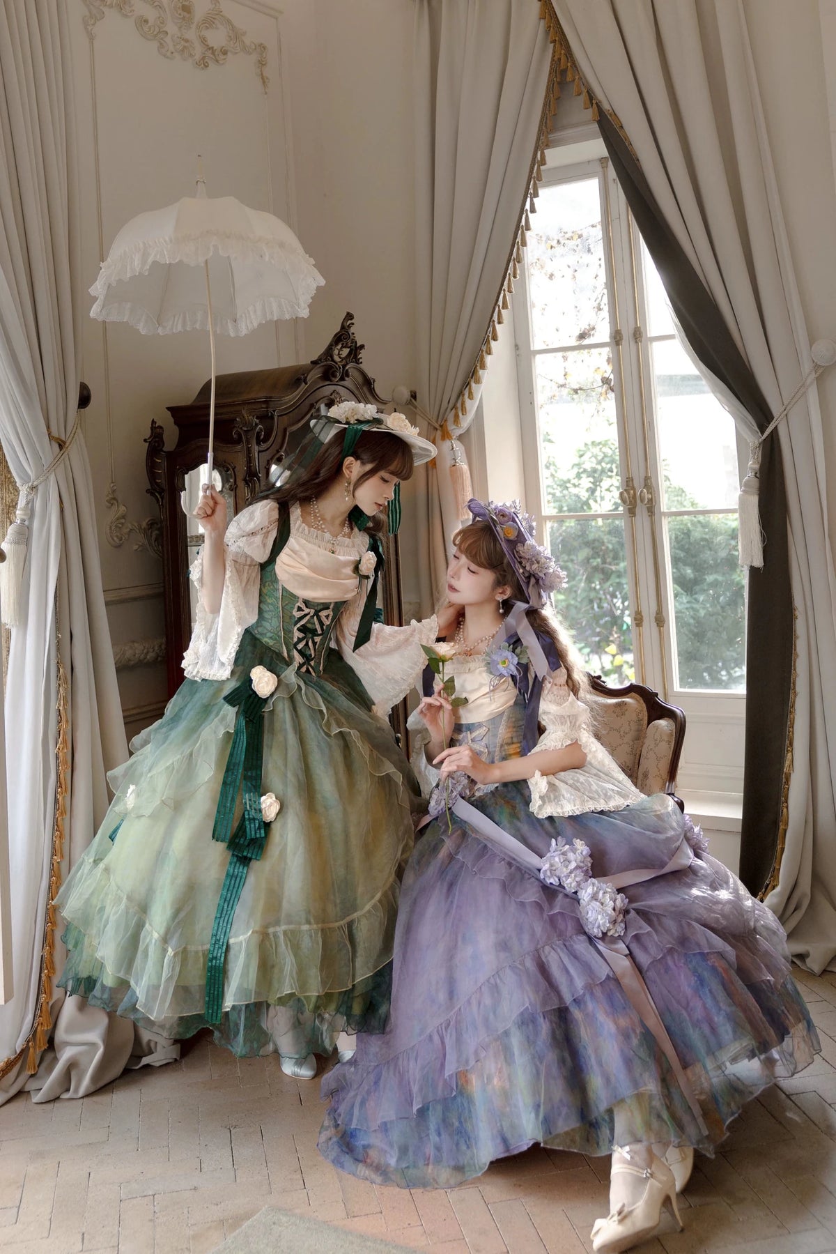 Wild Roses of Arles Purple Green Oil Painting Print Cowl Neck Tail JSK Classic Lolita Dress - LolitaEra