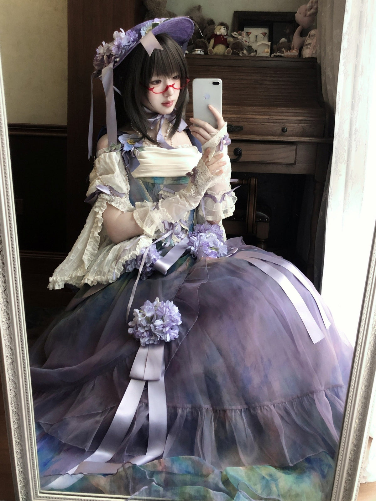 Wild Roses of Arles Purple Green Oil Painting Print Cowl Neck Tail JSK Classic Lolita Dress - LolitaEra