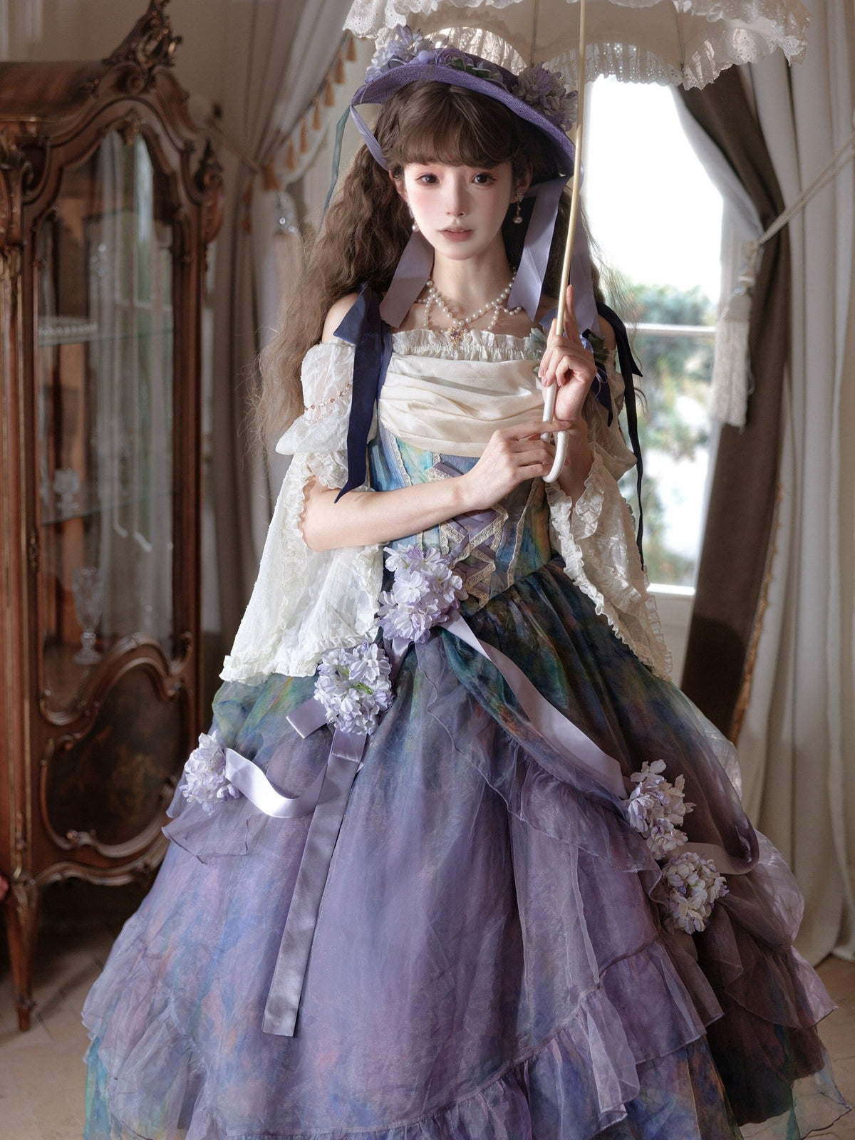 Wild Roses of Arles Purple Green Oil Painting Print Cowl Neck Tail JSK Classic Lolita Dress - LolitaEra