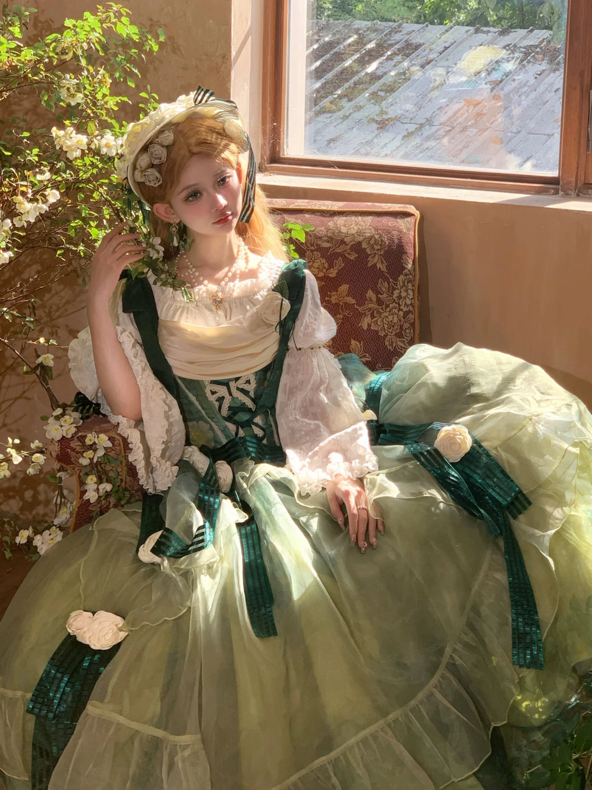 Wild Roses of Arles Purple Green Oil Painting Print Cowl Neck Tail JSK Classic Lolita Dress - LolitaEra