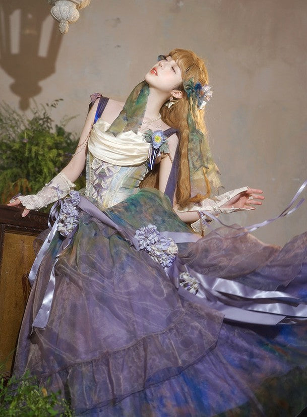 Wild Roses of Arles Purple Green Oil Painting Print Cowl Neck Tail JSK Classic Lolita Dress - LolitaEra