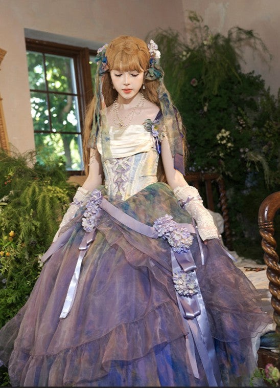 Wild Roses of Arles Purple Green Oil Painting Print Cowl Neck Tail JSK Classic Lolita Dress - LolitaEra