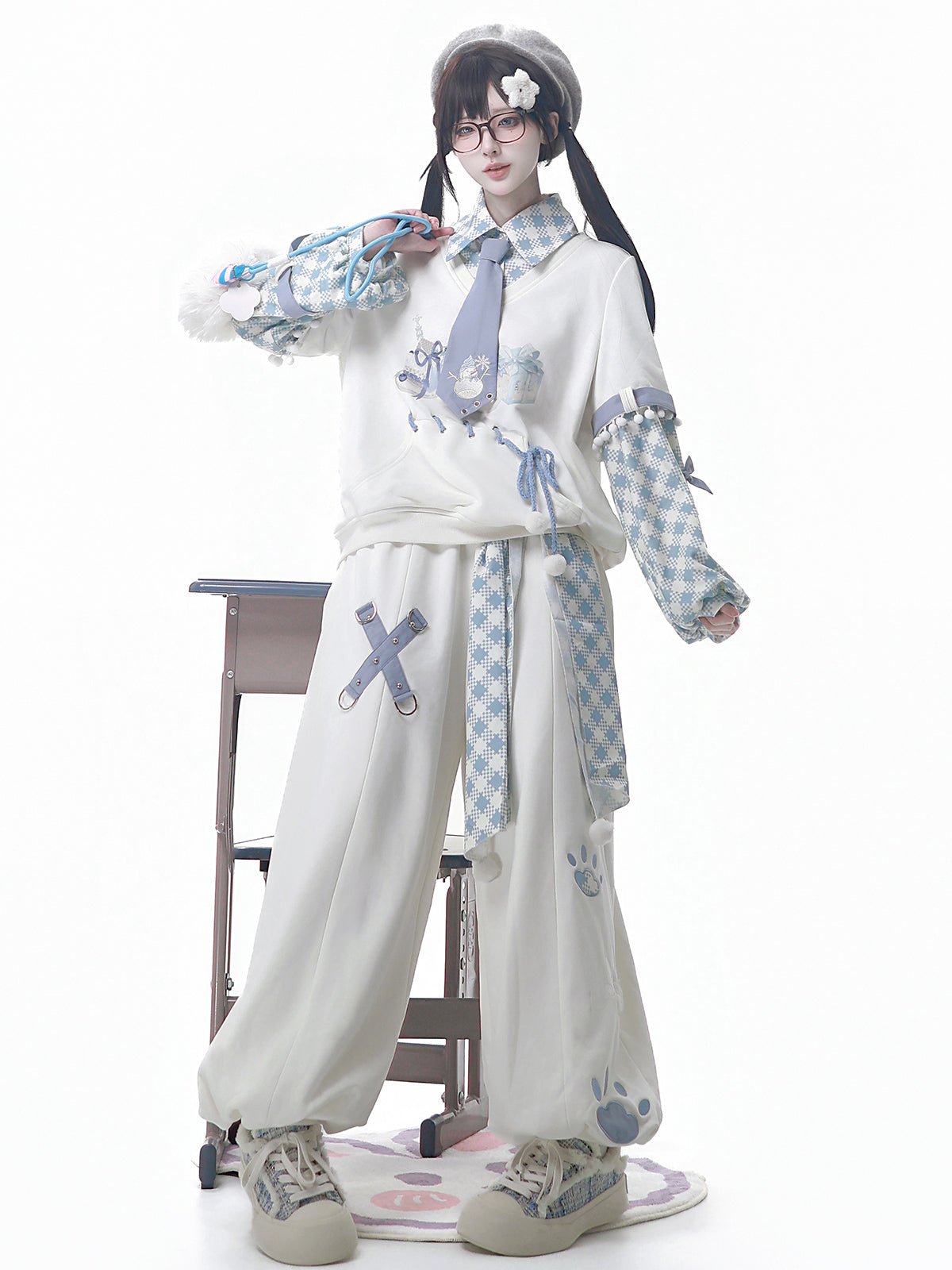 Winter Irregular Sweatshirt & Trousers Set - LolitaEraTop+Trousers+Belt+TieSWinter Irregular Sweatshirt & Trousers Set