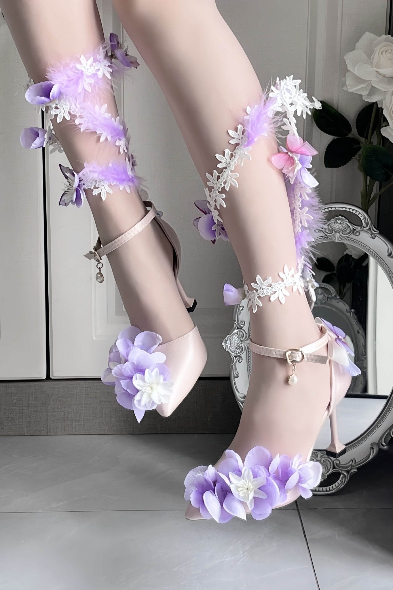 Wisteria in Rain Pointed - Toe Handmade Heels LE5110 - LolitaEraPurple 5CM34Wisteria in Rain Pointed - Toe Handmade Heels LE5110