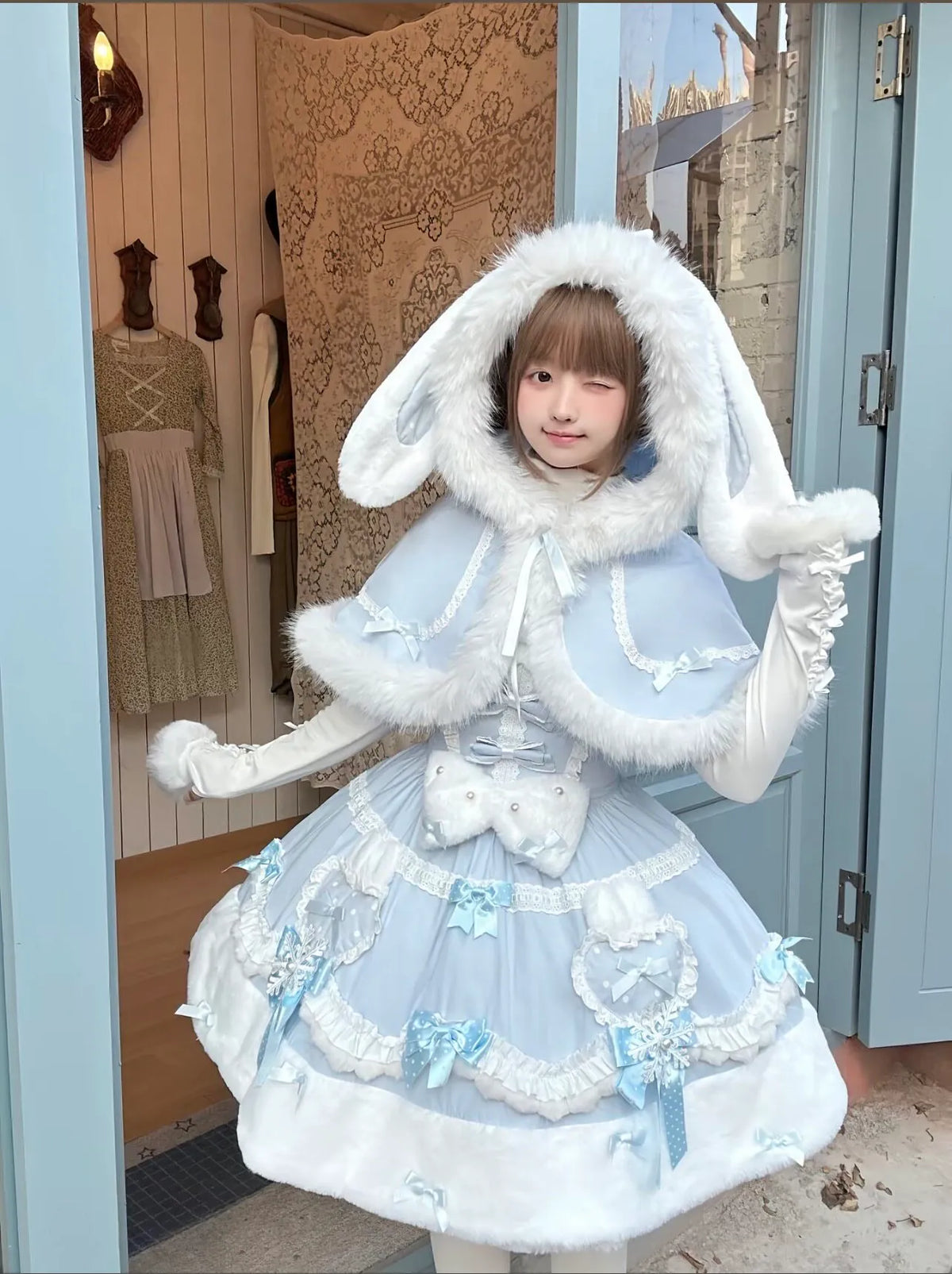 Women's Cute Snow Bunny Plush Cape Dress Set