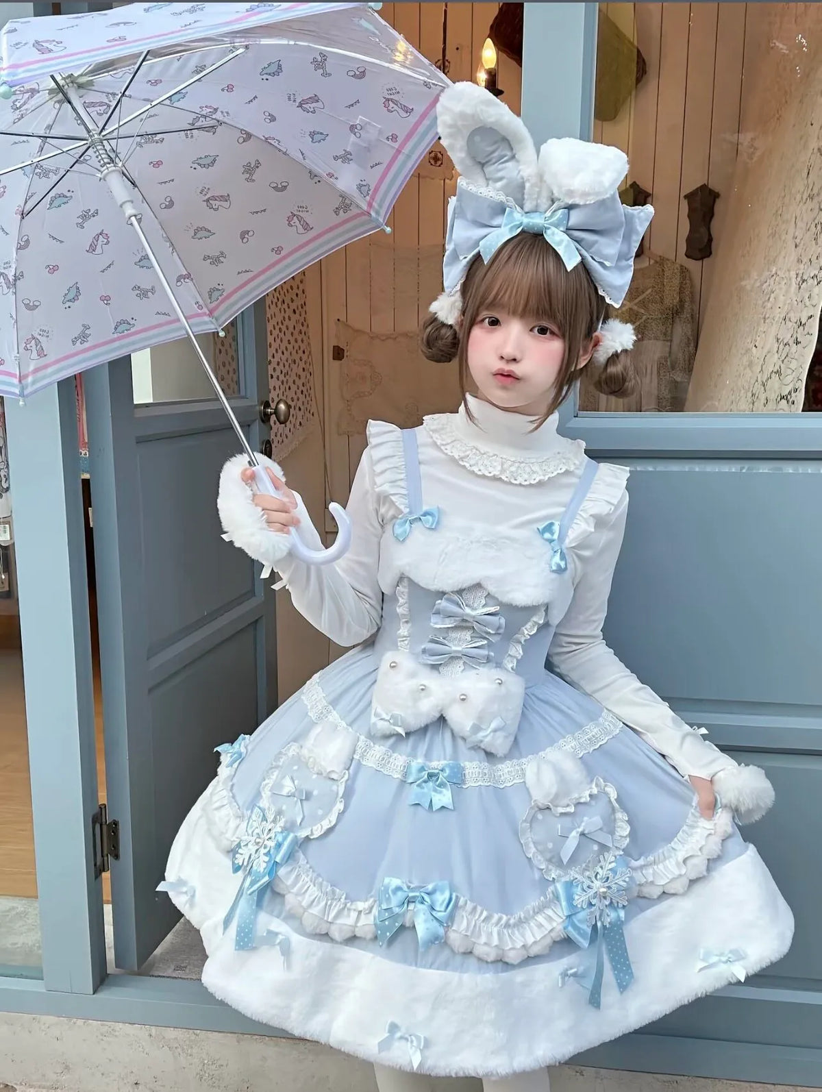Women's Cute Snow Bunny Plush Cape Dress Set