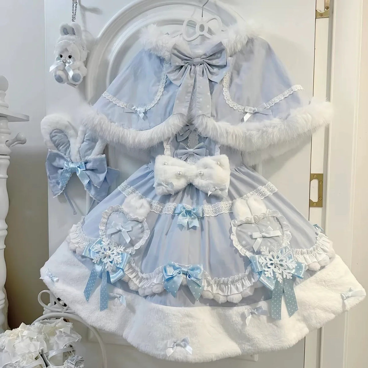 Women's Cute Snow Bunny Plush Cape Dress Set