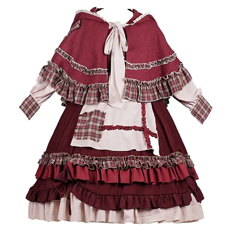 Women's Little Red Riding Hood Pastoral Lolita Dress Cape Set