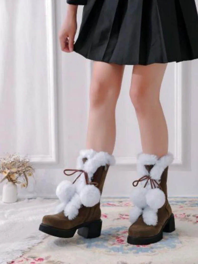 Women's Lolita Fur Ball Mid-Heel Snow Boots