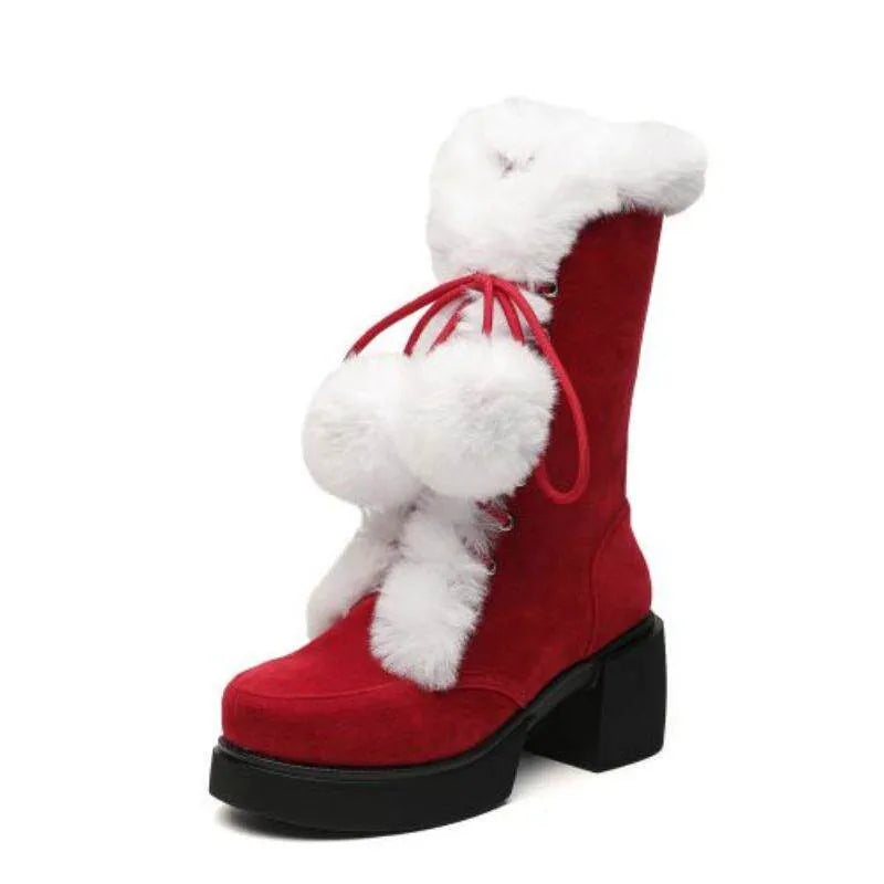 Women's Lolita Fur Ball Mid-Heel Snow Boots