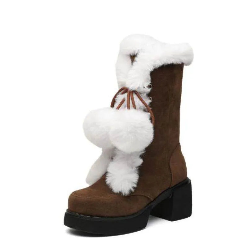 Women's Lolita Fur Ball Mid-Heel Snow Boots