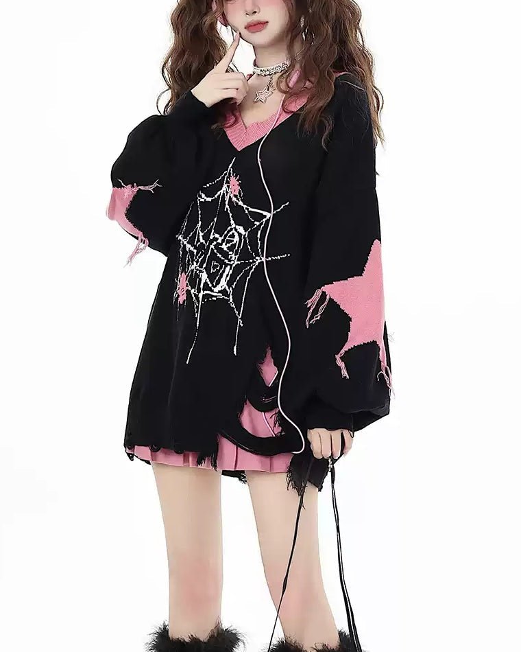 Y2K Alternative V - Neck Knit Sweater - LolitaEraBlack 2SY2K Alternative V - Neck Knit Sweater
