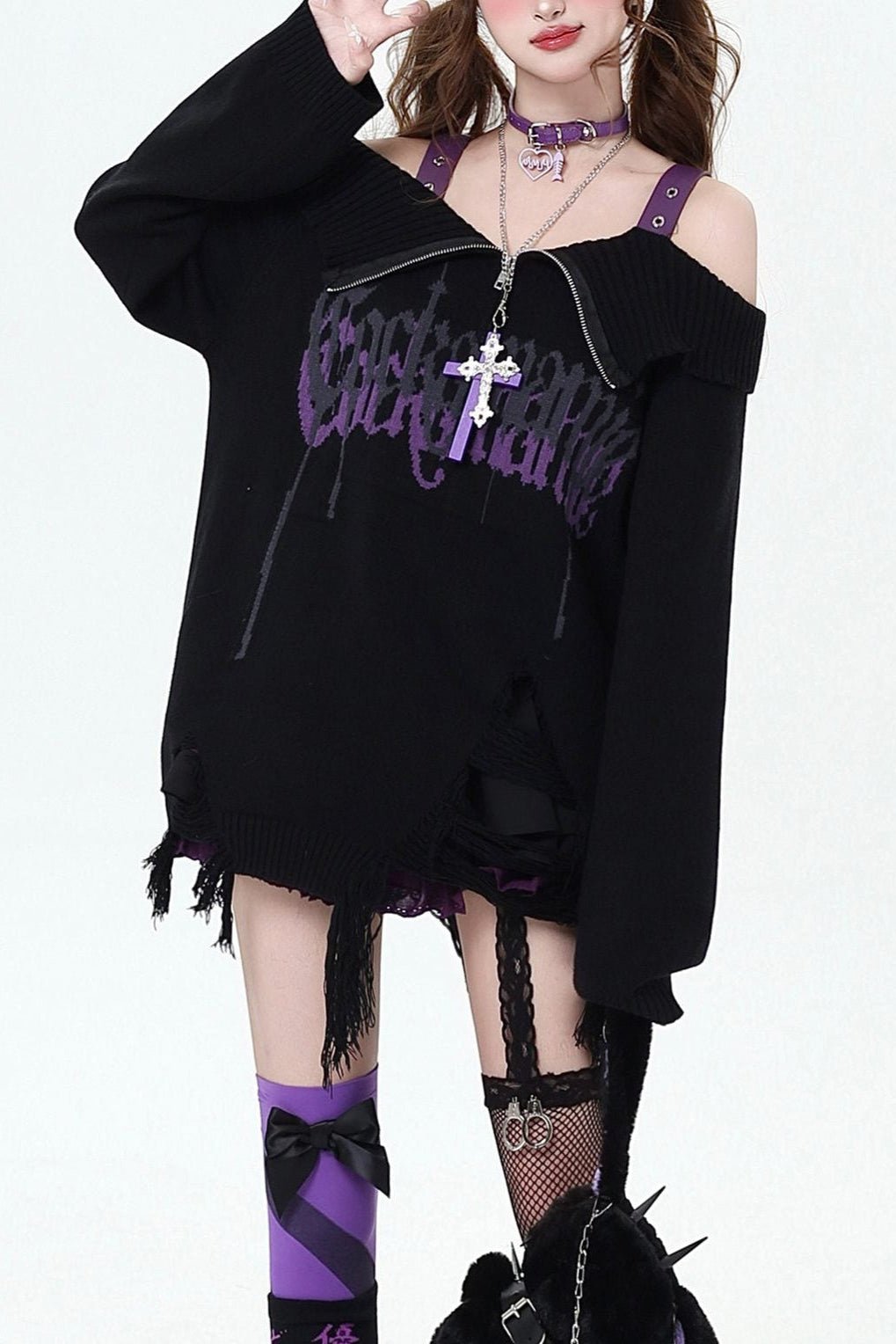 Y2K Black & Purple Off - Shoulder Sweater - LolitaEraPurpleSY2K Black & Purple Off - Shoulder Sweater