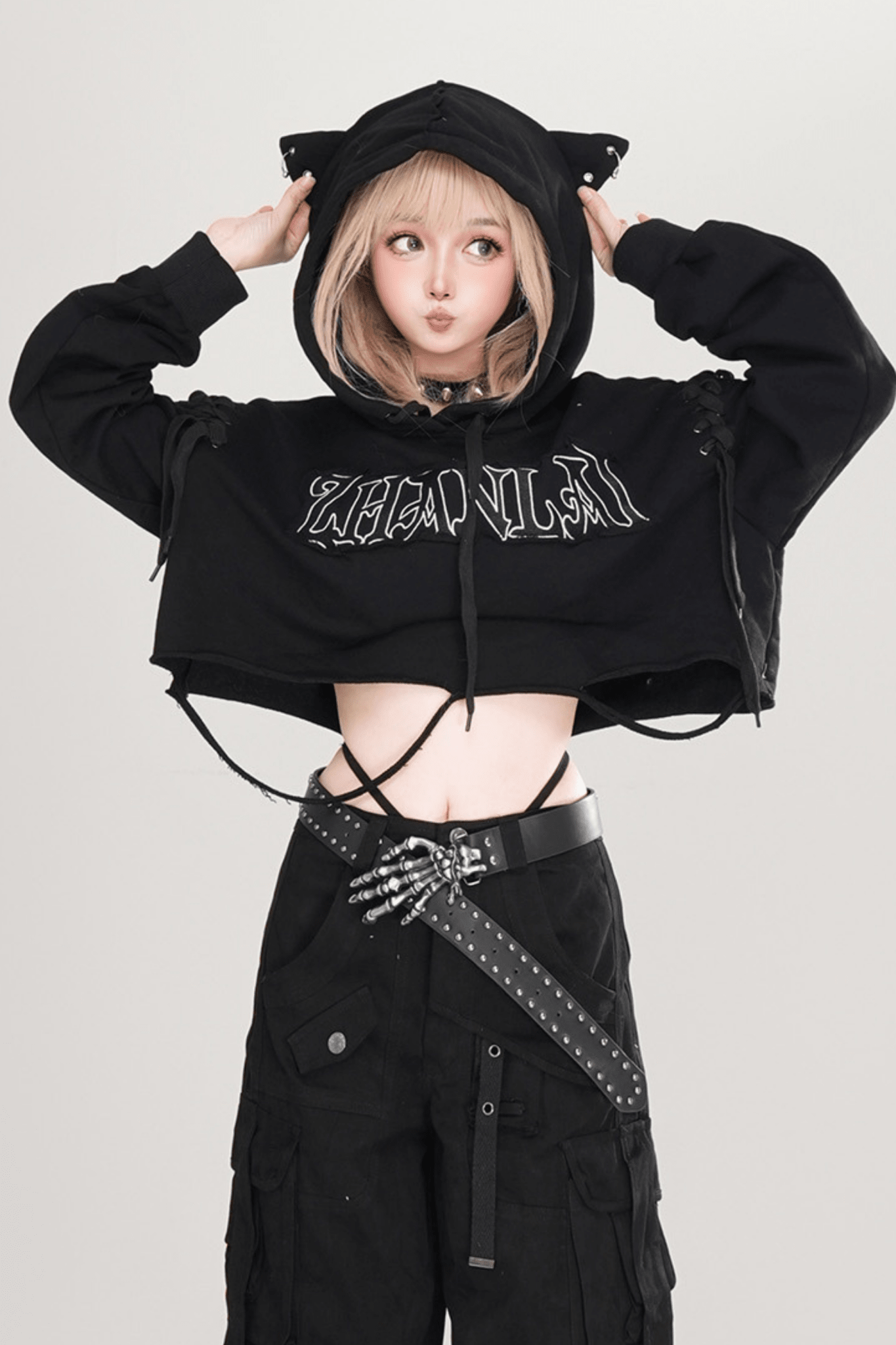 Y2K Edgy Distressed Cat Ear Crop Top - LolitaEraMilky WhiteSY2K Edgy Distressed Cat Ear Crop Top