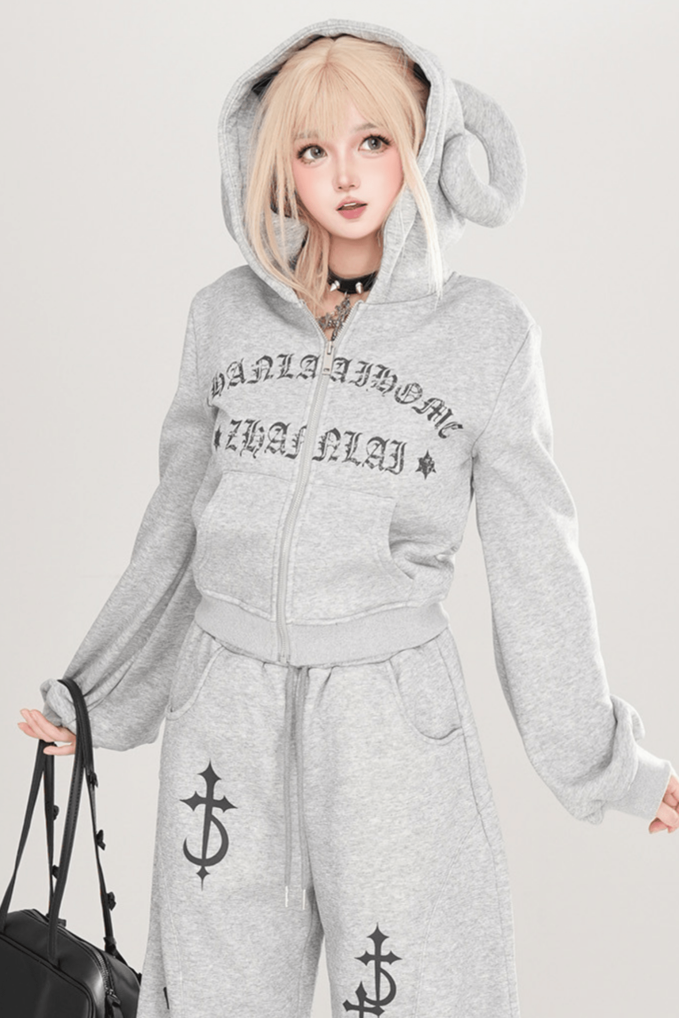 Y2K Edgy Horned Hood Fleece Jacket - LolitaEraGraySY2K Edgy Horned Hood Fleece Jacket