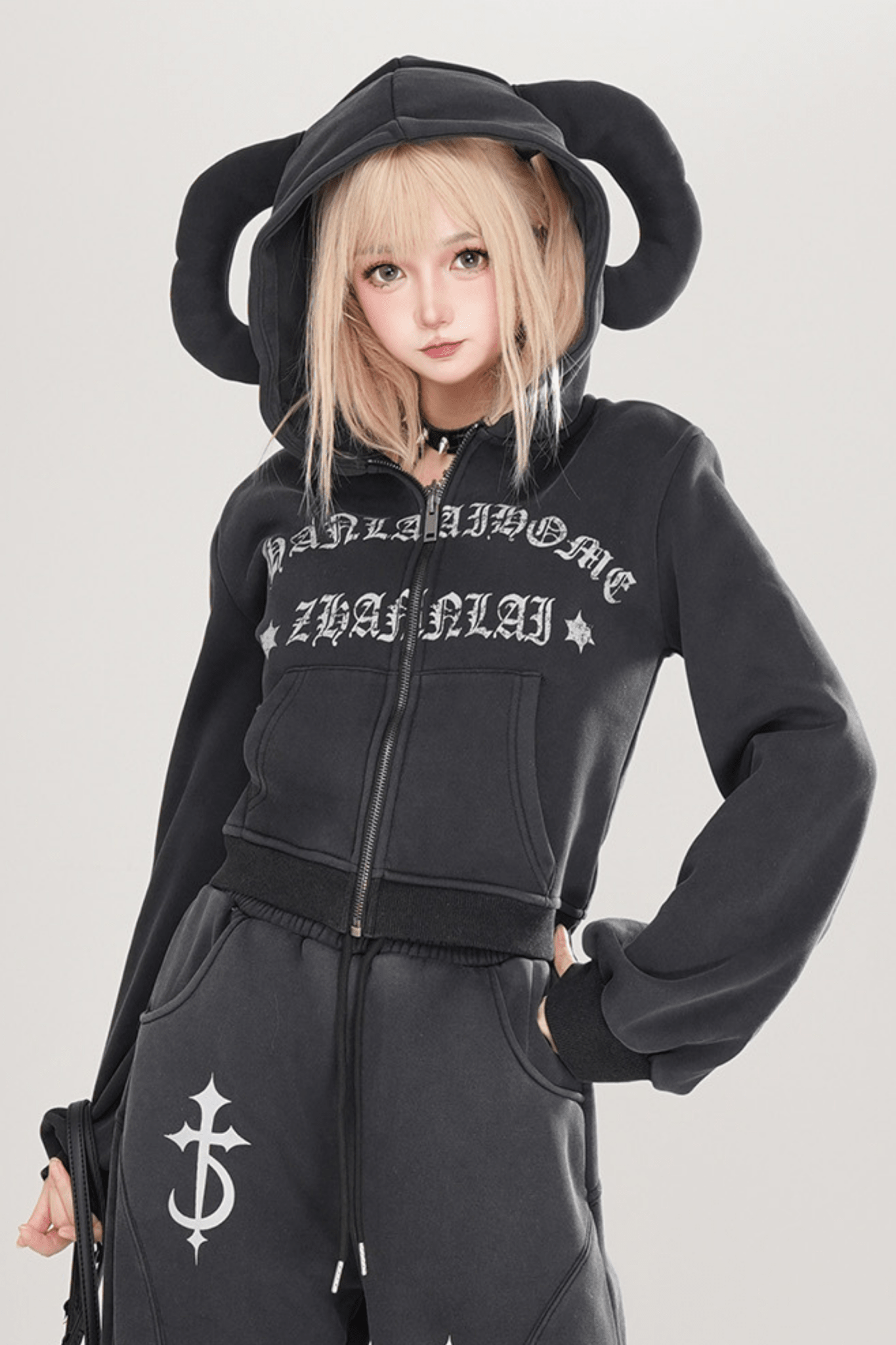 Y2K Edgy Horned Hood Fleece Jacket - LolitaEraGraySY2K Edgy Horned Hood Fleece Jacket