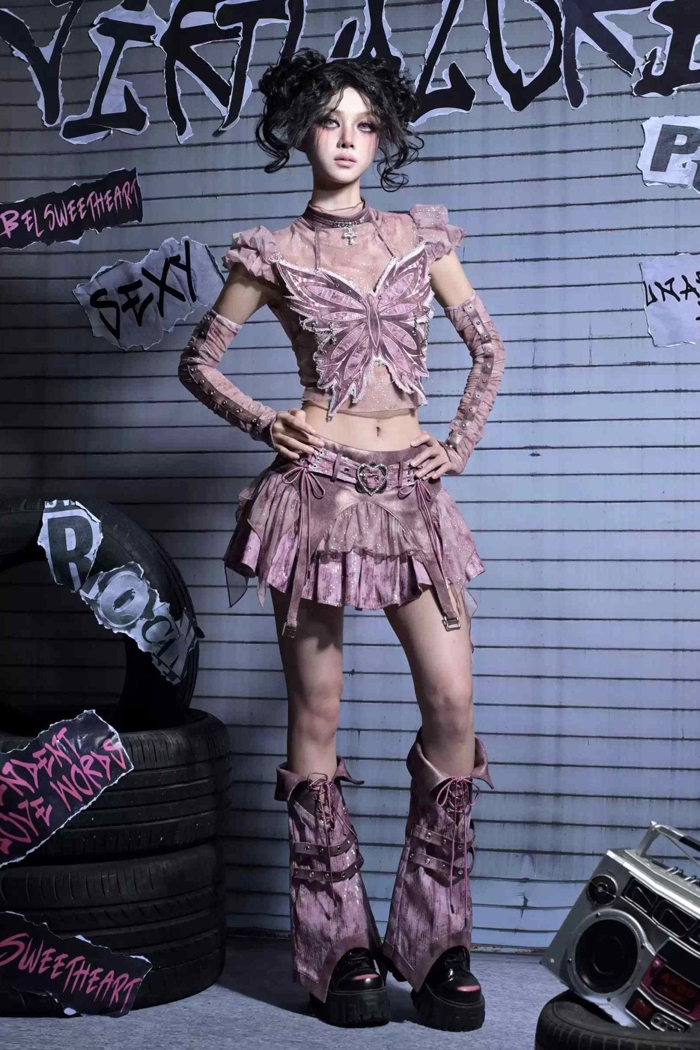 Y2K Edgy Rivet Denim Set with Leg Harness - LolitaEraOutwearSY2K Edgy Rivet Denim Set with Leg Harness