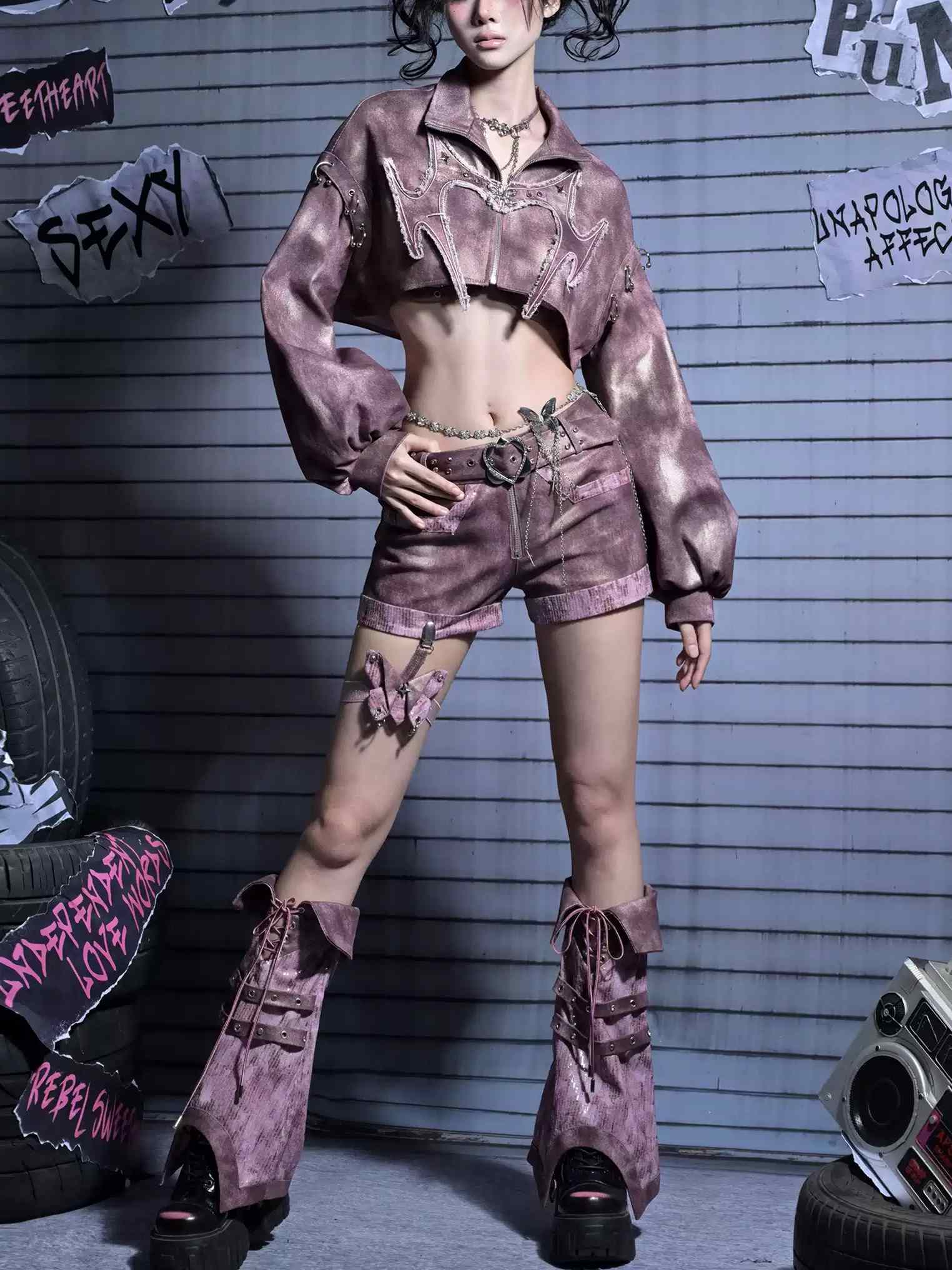 Y2K Edgy Rivet Denim Set with Leg Harness - LolitaEraOutwearSY2K Edgy Rivet Denim Set with Leg Harness