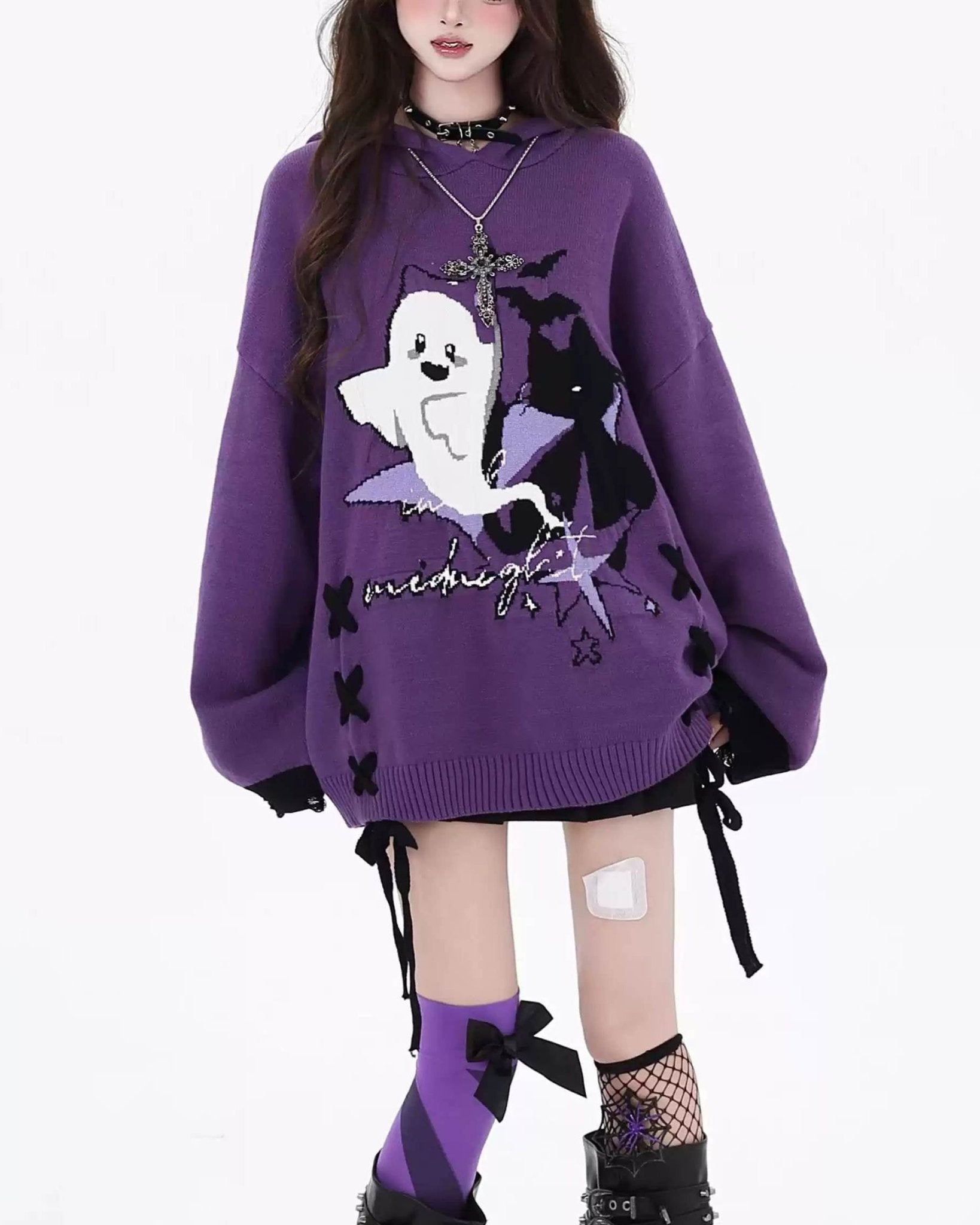 Y2K Ghostie Color - Block Knit Sweater - LolitaEraPurpleSY2K Ghostie Color - Block Knit Sweater