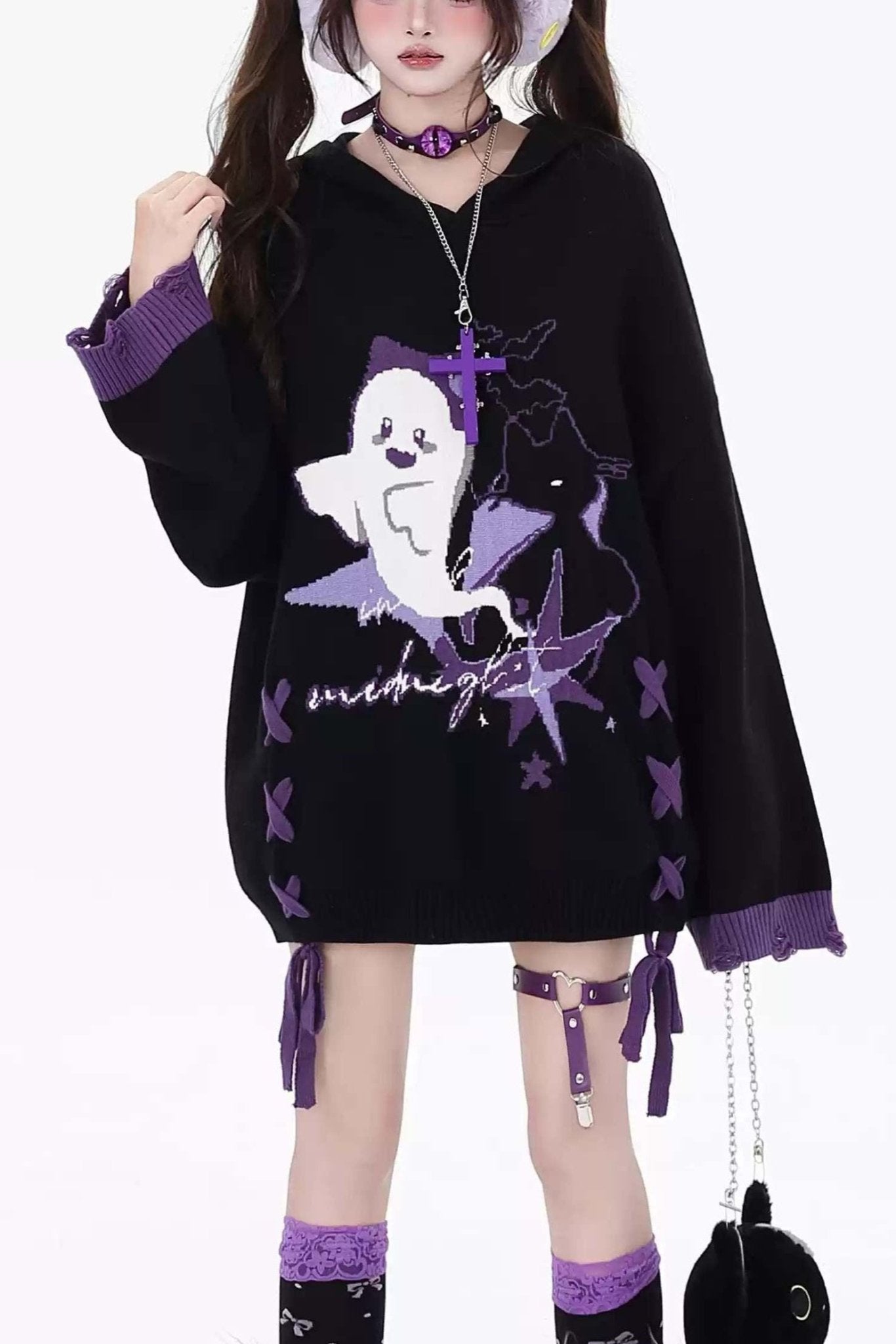Y2K Ghostie Color - Block Knit Sweater - LolitaEraPurpleSY2K Ghostie Color - Block Knit Sweater