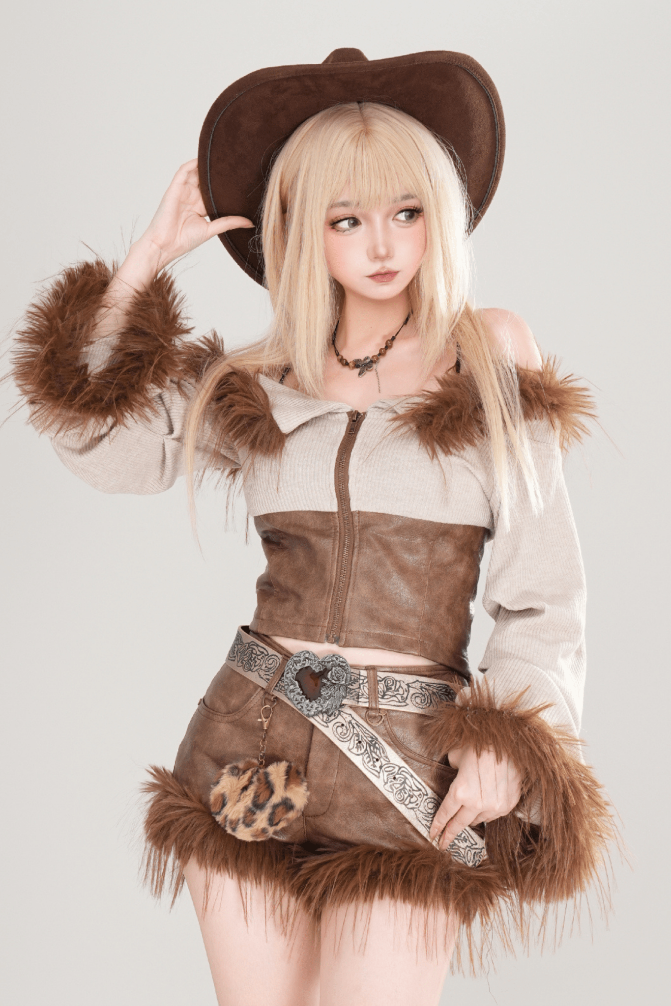 Y2K Spicy Girl Off - Shoulder Knit & PU Leather Top - LolitaEraLight BrownSY2K Spicy Girl Off - Shoulder Knit & PU Leather Top